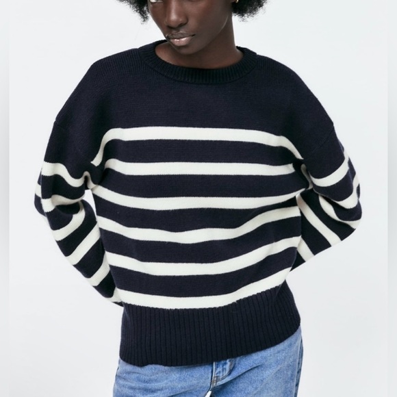 Navy & Cream Zara Striped Thick Sweater | Side Vents | Crew Neck | Large | New - Picture 1 of 8